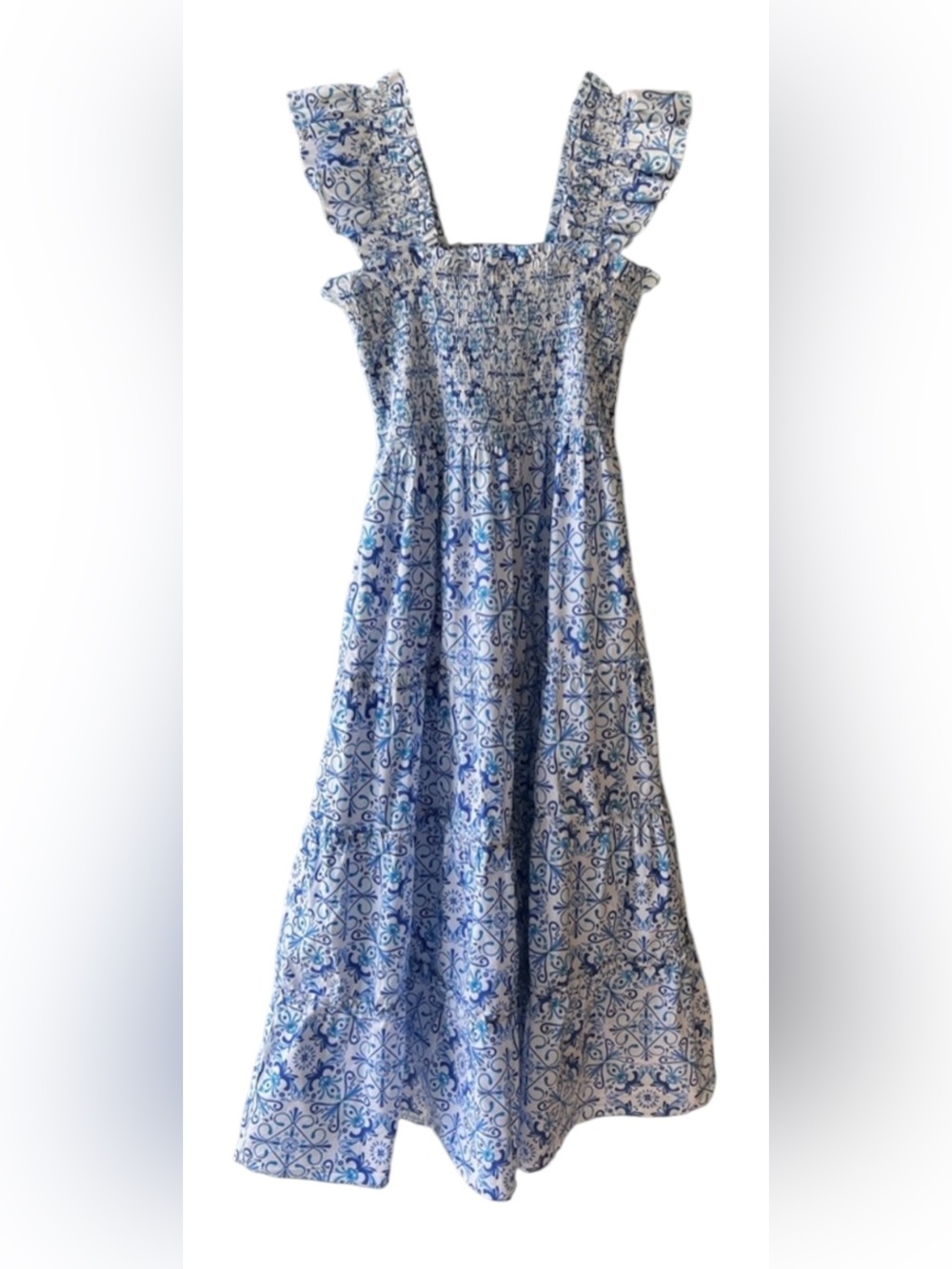 Hill House Home Blue Tile Print Smocked Midi Dress – Size Medium - Picture 13 of 16